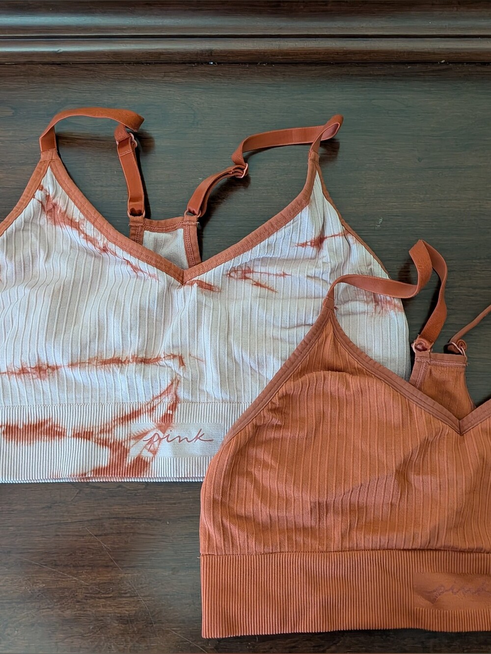 PINK Active Victoria's Secret Rust and White Ribbed Bralette Duo
